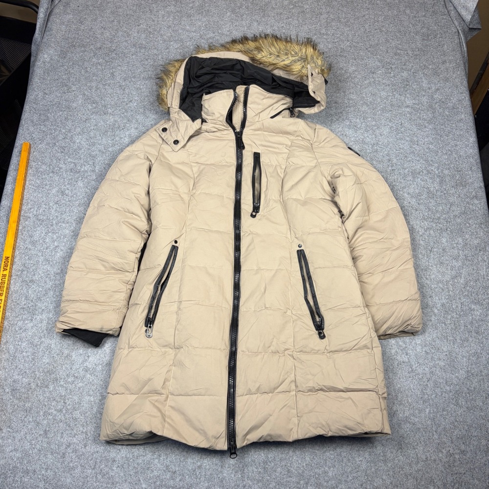 NOIZE Womens Tan Beige Faux Fur Hooded Puffer Parka Jacket Coat Size Large